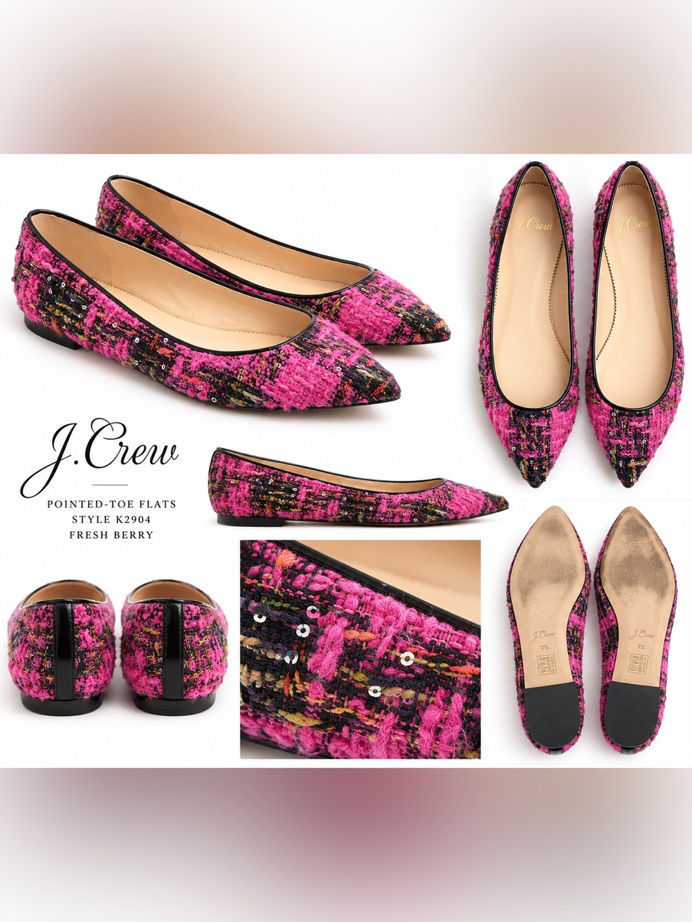 J.Crew Fresh Berry Pink Tweed Sequin Pointed Toe Flats 7.5